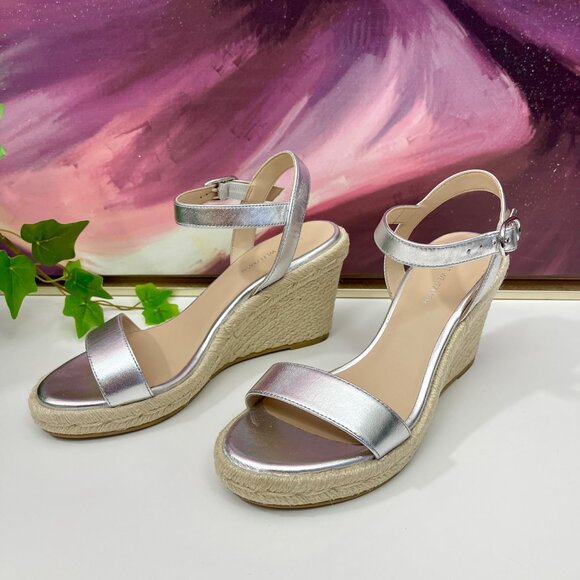 Stuart Weitzman Teddi Espadrille Leather Wedge Sandal in Silver Size 6 - Picture 3 of 10